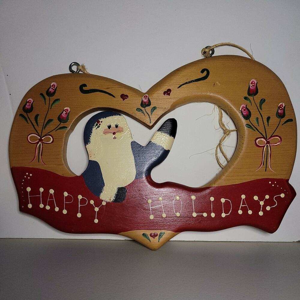 Vtg Hand Painted Happy Holidays Roses Wood Wall Plaque Heart Shaped Country